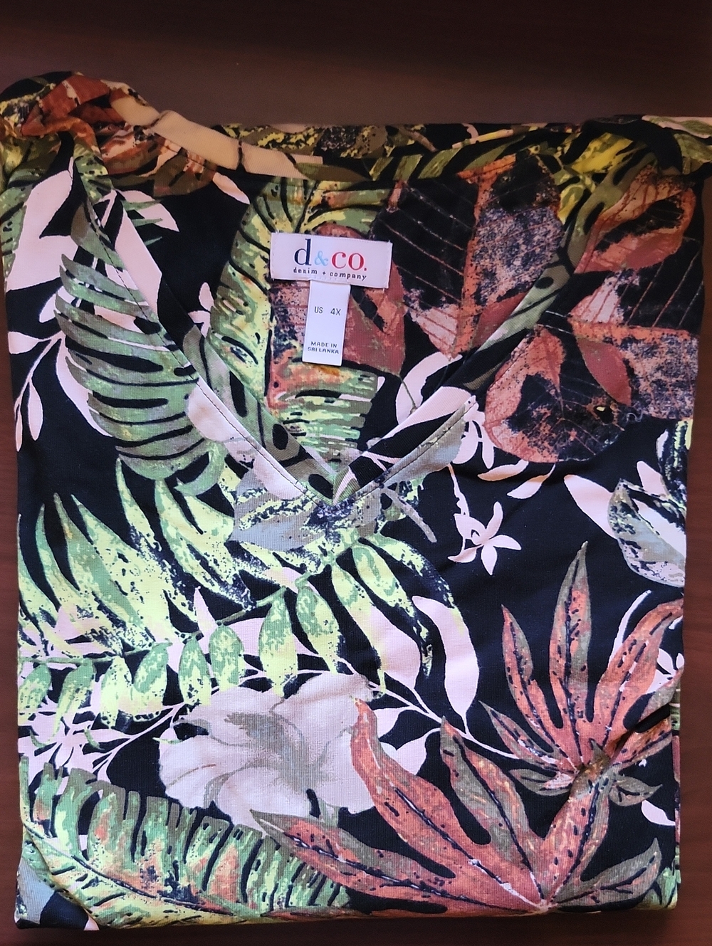 Denim & Co Black Tropical Print V-Neck Blouse 4X New